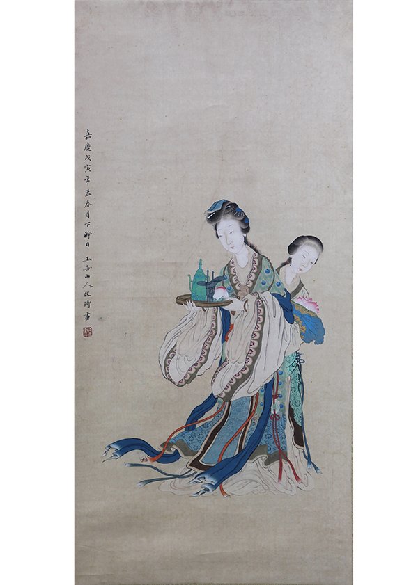 Chinese Scroll Painting, Manner Gai Qi: Manner of Gai Qi (Chinese, 1774-1829), two beauties, one with a tray containing a peach and wine, a second one holding a lotus flower, the left bearing signature and seal, painting: 35.5"h × 17"w, ov