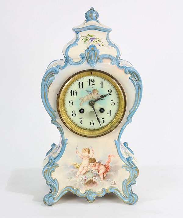 Signed French porcelain mantle clock, late 19th (1 of 4)
