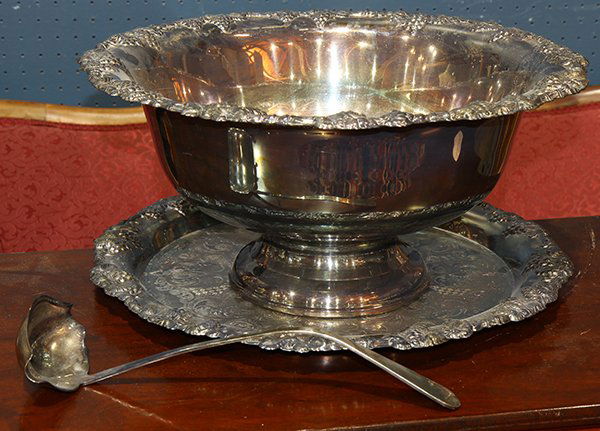 (lot of 3) Silver-plate punch bowl and tray in the (1 of 1)