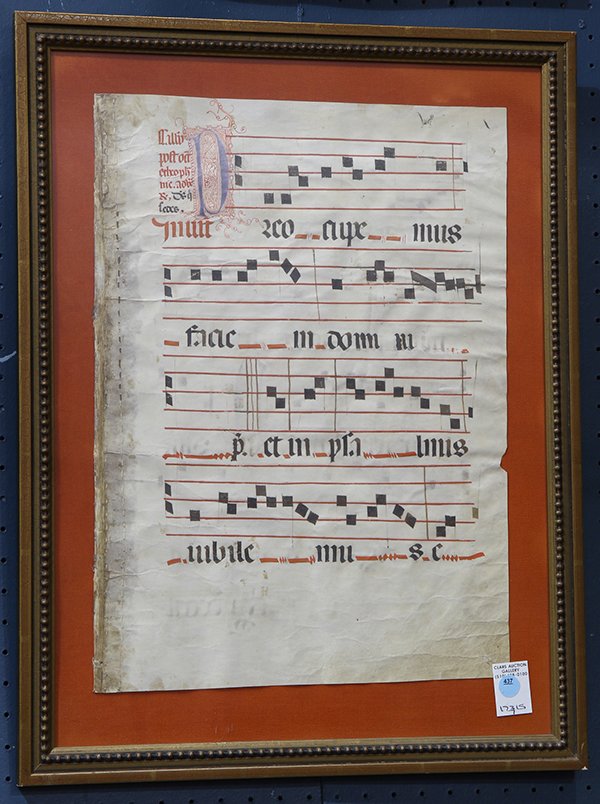 Framed Antiphonal music sheet, 25"h x 19"w (1 of 1)