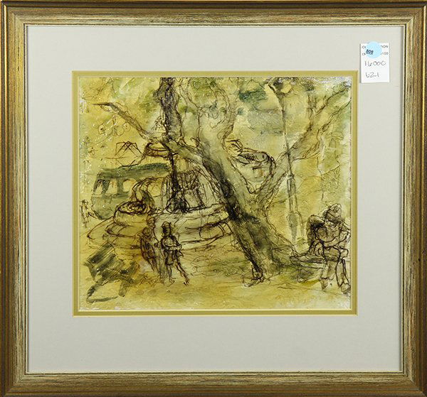 Mixed media, Follower of Pacsal Cucaro: Follower of Pascal Cucaro (American, 1915-2004), City Park, mixed media on paper, signed indistinctly lower right, overall (with frame): 17.75"h x 19"w