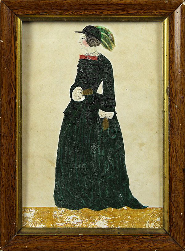 Painting, British Folk Art School (19th century): British Folk Art School (19th century), Portrait of a Woman in a Green Dress, oil on paper (laid down on board), unsigned, overall (with frame): 8.5"h x 6"w