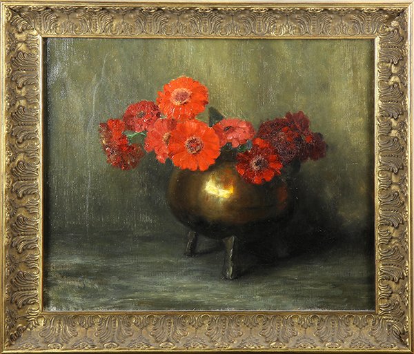 Painting, Still Life with Gerber Daisies: Flemish School (20th century), Still Life with Gerber Daisies, oil on canvas, signed lower left, name plate verso, overall (with frame): 19"h x 22"w
