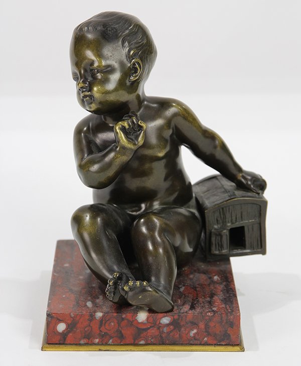 Sculpture, Baby with a Box: Continental School (19th century), Baby with a Box, bronze sculpture, unsigned, overall (with marble base): 7"h x 5.5"w x 5.5"d