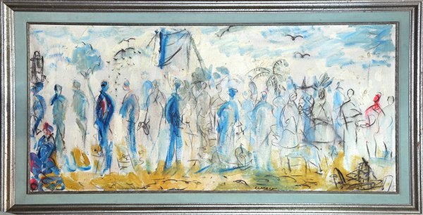 Painting, Pascall Cucaro: Pascal Cucaro (American, 1915-2004), Figures Walking on the Embarcadero, oil on canvas, signed lower center right, overall (with frame): 38.5"h x 68"w