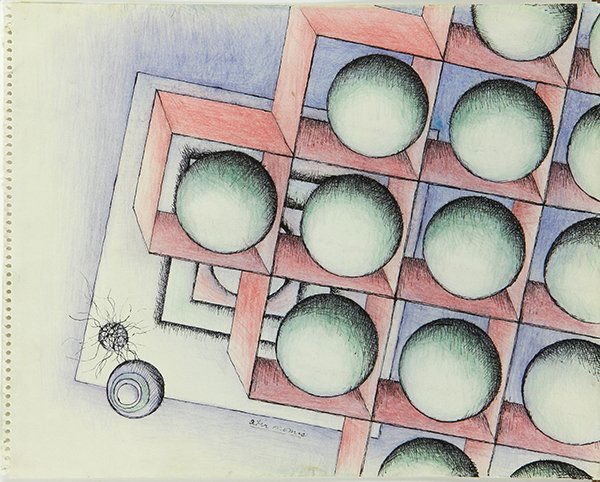 Works on Paper, Rita Simon (Atirnomis): (lot of 2) Rita Simon (Atirnomis) (Amerian, 1938-1987), "Study for Bound Box," 1967, ink and colored pencil on paper, signed lower right, and "Catatonic Cosmos," 1965, ink and colored pencil on paper,