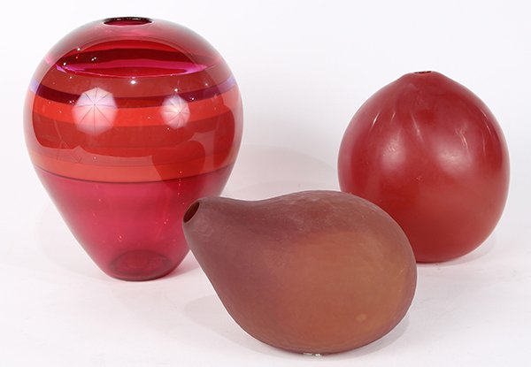 (lot of 3) Art glass vases, each executed in red; one (1 of 9)