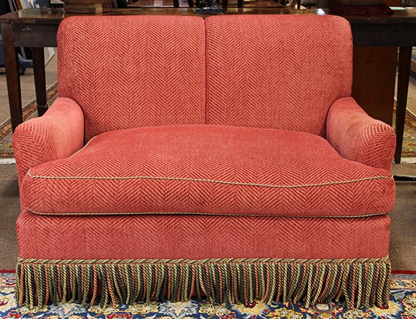 Modern upholstered loveseat, having a sleigh back and (1 of 4)