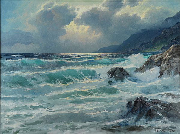 Painting, Alexander Dzigurski: Alexander Dzigurski (American, 1911-1995), "Big Sur Coast," circa 1967, oil on canvas, signed lower right, canvas: 33"h x 44"w, overall (with frame): 40.25"h x 51.25"w. Note: Accompanied by artist's r