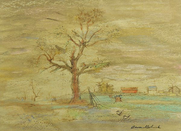 Watercolor, Aaron Bohrod: Aaron Bohrod (American, 1907-1992), Birds in a Barren Landscape, watercolor and ink on paper, signed lower right, sight: 9"h x 12.5"w, overall (with frame): 14.5"h x 17"w
