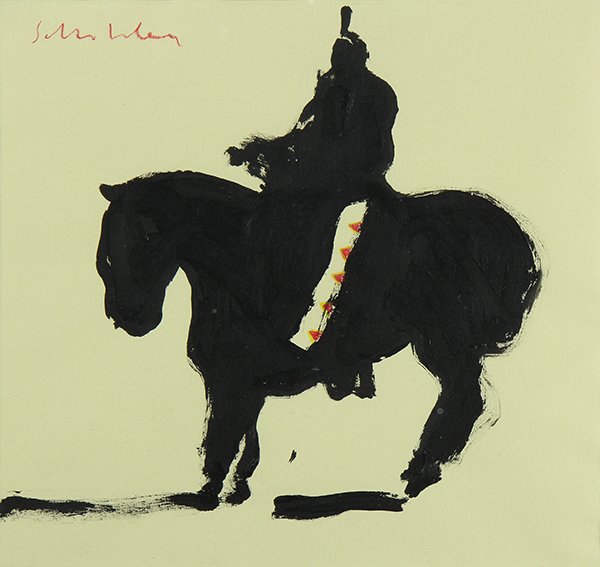 Painting, Fritz Scholder: Fritz Scholder (American, 1937-2005), "Indian with Leggings on Horse," oil mixed media on paper, signed upper left, sight: 11"h x 11.5"w, overall (with frame): 17.5"h x 18.25"w