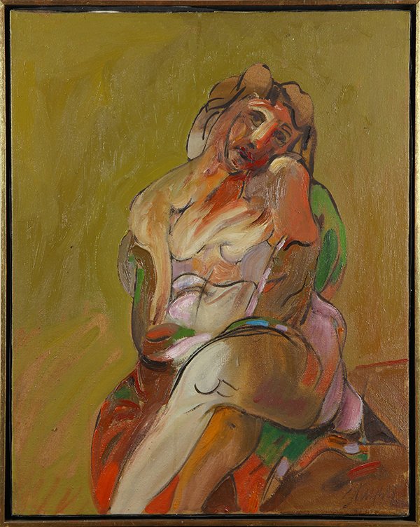 Painting by Jan Stussy: Jan Stussy (American, 1921-1990), Woman Seated, oil on canvas, signed lower right, canvas: 23"h x 18"w, overall (with frame): 24"h x 19.25"w