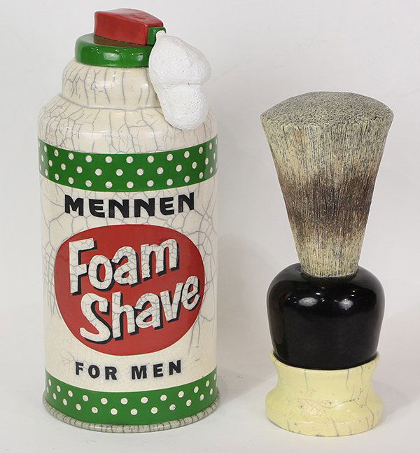 Sculptures by Karen Shapiro: (lot of 2) Karen Shapiro (American, b. 1947), Giant Shaving Foam and Lathering Brush, ceramic sculptures, stamped "K" on bottom, largest overall: 16"h x 6.5"w x 8"d.
