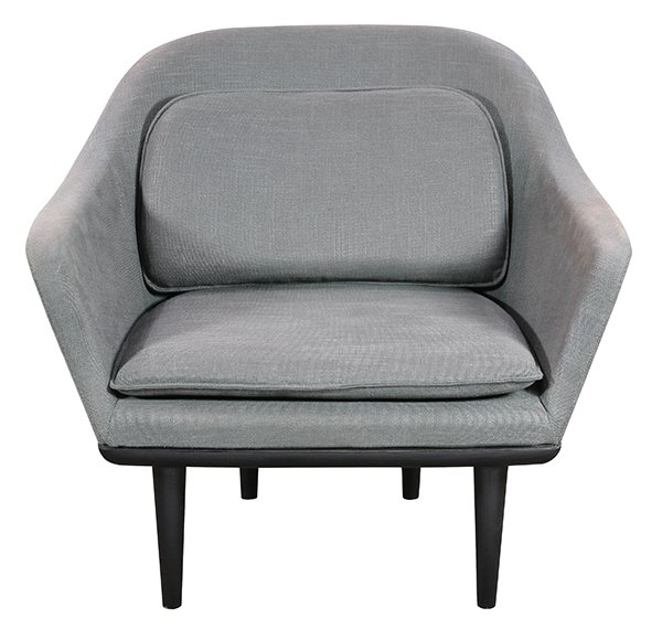(Lot of 2) Mid-Century Modern style seating group, each: (Lot of 2) Mid-Century Modern style seating group, each upholstered in slate grey having a contoured form, and rising on tapered legs, comprising an armchair: 31"h x 33"w x 22"d; and a sofa, 31"h x 63