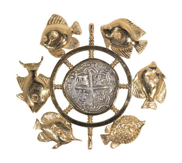 Spanish reales silver coin and 14k yellow gold pendant (1 of 4)