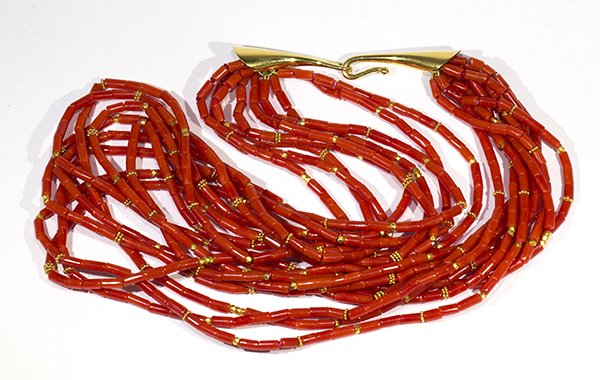 Red coral and 18k yellow gold multi-strand necklace (1 of 2)
