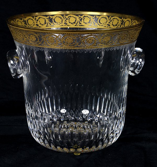 Saint Louis: Saint Louis, France gilt decorated wine cooler, having a scroll decorated border, above the handled base, 8"h