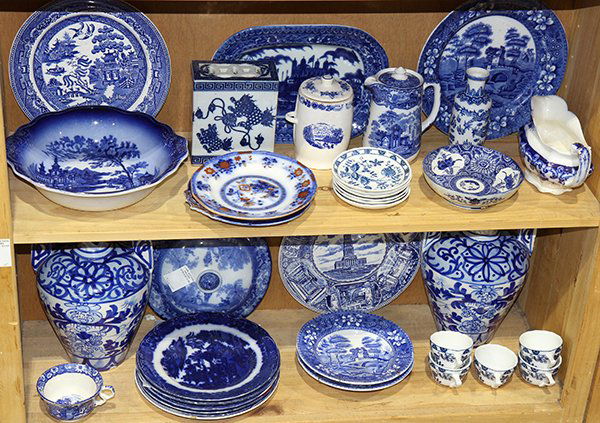 Two shelves of blue and white stoneware and porcelain (1 of 1)