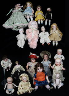 German miniature bisque dolls: (lot of 18) German miniature bisque dolls including painted and molded head examples, one with a socket head and brown sleep eyes; together with bisque hand-painted socket head doll with blue sleep ey