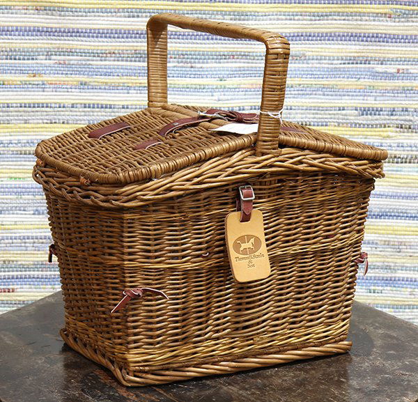 English wicker picnic basket, the hinged top with (1 of 3)