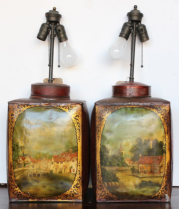 Pair of Victorian tole tea tins mounted as table lamps (1 of 1)