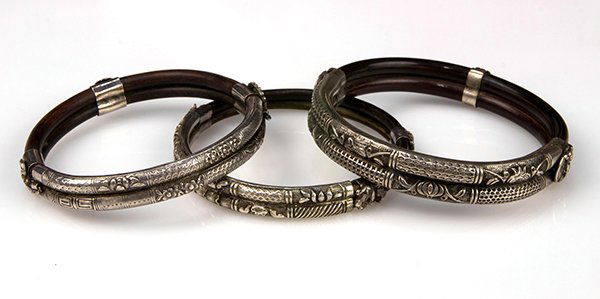 lot Of 3) Chinese Bamboo And Silver Bangle Bracelets