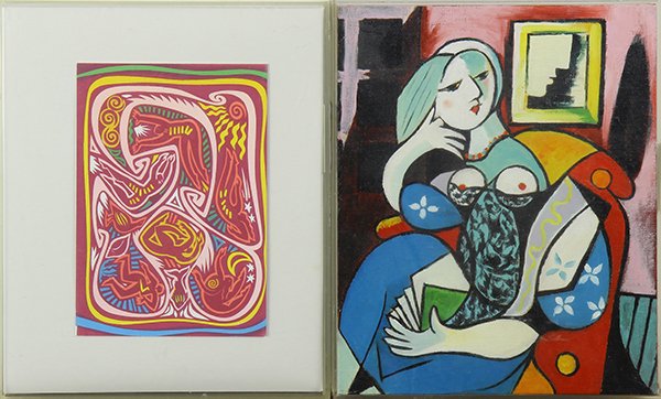 Painting and Lithograph, Homage to Picasso and Matisse: (lot of 2) American School (20th century), Homage to Picasso and Matisse, oil on canvas and lithograph on paper, each overall (with frame): 10.25"h x 8.25"w