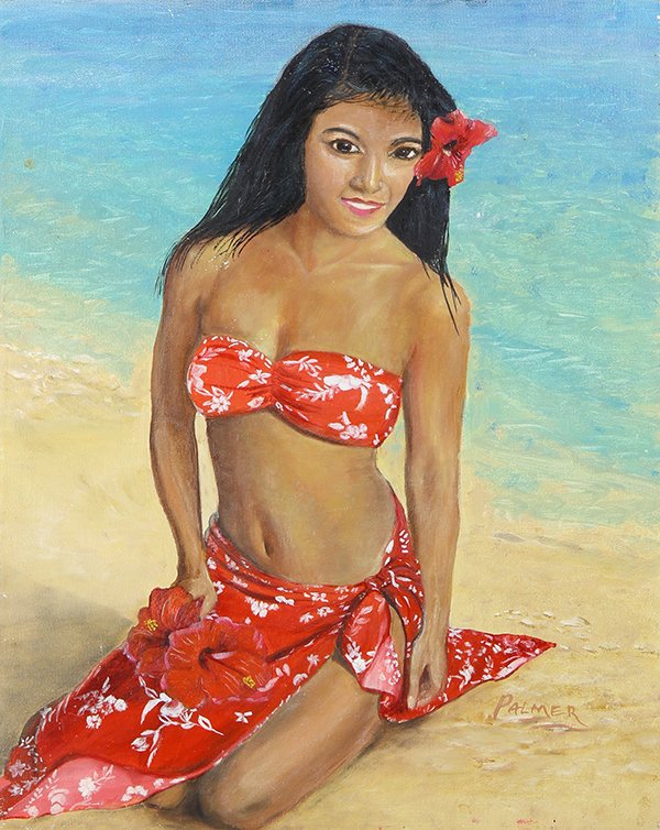 Paintings, Polynesian Beauties: (lot of 2) Polynesian Beauties, oils on canvas, one signed "Palmer" and one signed indistinctly, 20th century, largest overall (one framed): 20"h x 16"w