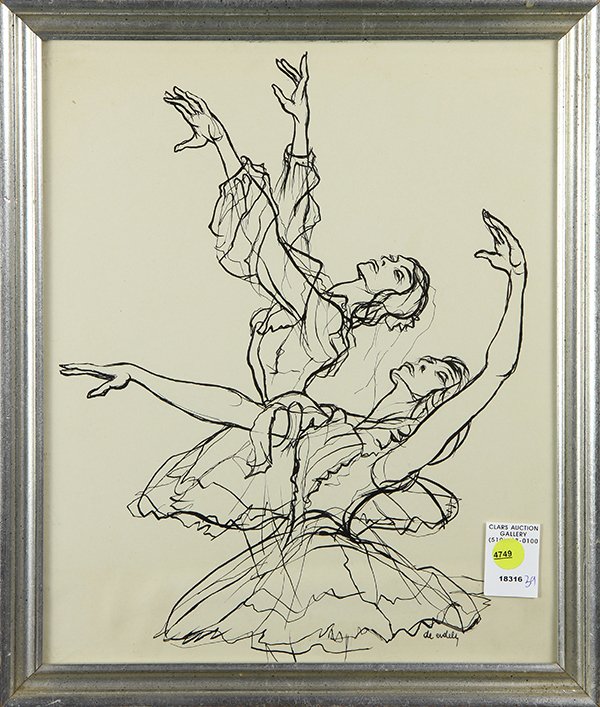 Drawing, Two Dancing Figures: Two Dancing Figures, ink on paper, signed indistinctly "de eudily (?)" lower right, 20th century, overall (with frame): 17"h x 14"w