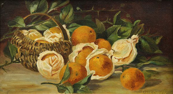 Painting, Frank Coburn, Still Life with Fruit and a: Frank Coburn (American, 1832-1938), Still Life with Fruit and a Basket, oil on panel, signed lower right, board: 13.25"h x 23"w, overall (with frame): 19"h x 28.75"w