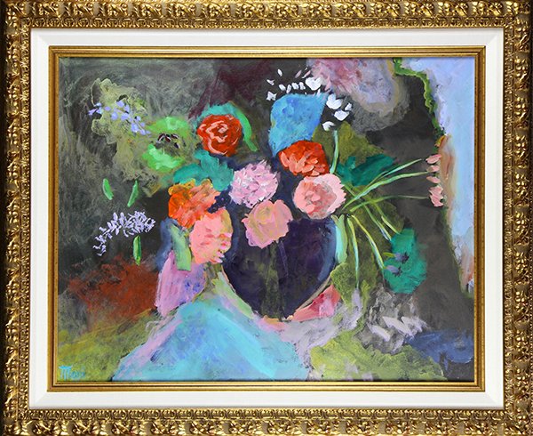 Painting, Modernist Still Life with Flowers: Modernist Still Life with Flowers, oil on cnvas, signed, "Mari" lower left, 20th century, overall (with frame): 28.5"h x 34.5"w