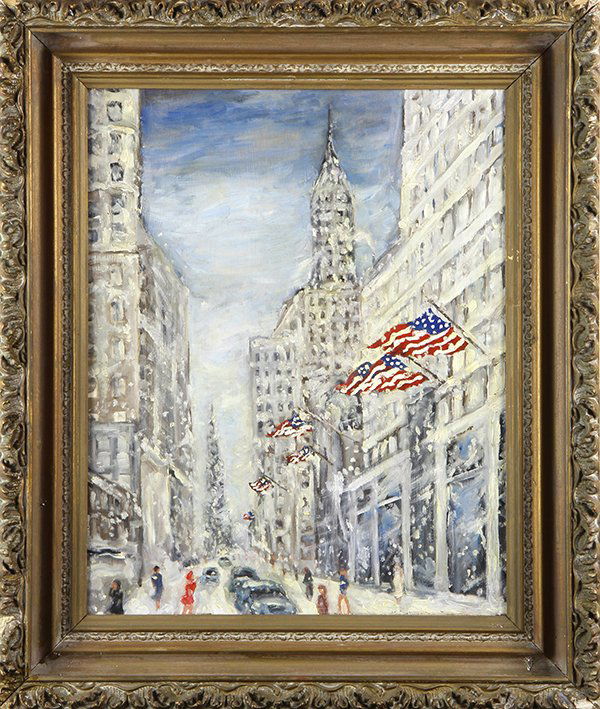 Painting, Manner of Guy Carleton Wiggins: Manner of Guy Carleton Wiggins (American, 1883-1962), New York City Blizzard, oil on board, unsigned, overall (with frame): 27"h x 22"w