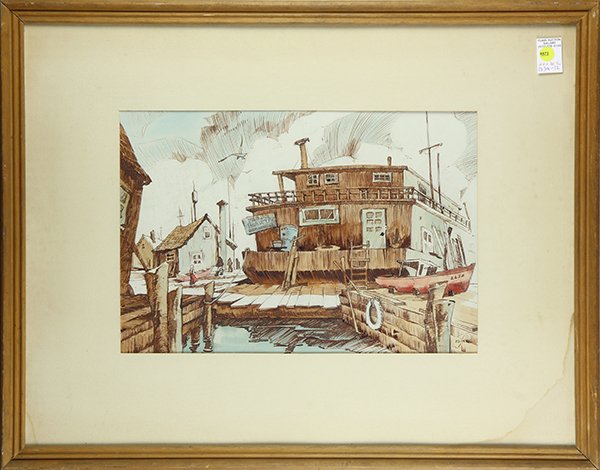 Work on paper by Ted Kline: Ted Kline (American, 20th century), "Dockside," 1951, watercolor and ink on paper, signed lower right, titled verso, Alameda County Fair label affixed verso, Lodi Grape Festival and National Wine Show