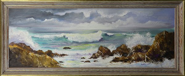 Painting by Geo Lee: George (Geo) D. Lee (American, 1859 - 1939), Crashing Waves, oil on canvas, signed lower right, overall (with frame): 17"h x 41"w