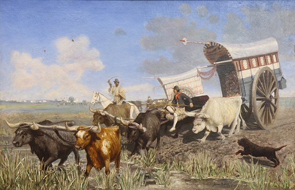 Painting, Joan Frans Berg, Ensenada: Joan Frans Berg (Dutch, 1851-1935), "Ensenada," oil on canvas, signed and titled lower right, canvas: 31.25"h x 41"w, overall (with frame): 40.5"h x 57.5"w