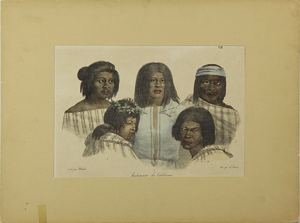 Prints, After Louis Choris: (lot of 2) After Louis Choris (Californian, 1795-1828), "Coiffures de danse des habitans de la Californie," AND "Habitants de Californie," hand colored lithographs, both pages from the series "Voyage 
