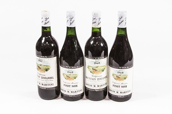 (lot of 4) California wine group consisting of (2) 1968: (lot of 4) California wine group consisting of (2) 1968 Louis Martini California Mountain Pinot Noir, Napa Valley; a 1967 and a 1968 Louis Martini California Mountain Zinfandel, Napa Valley, each 750m