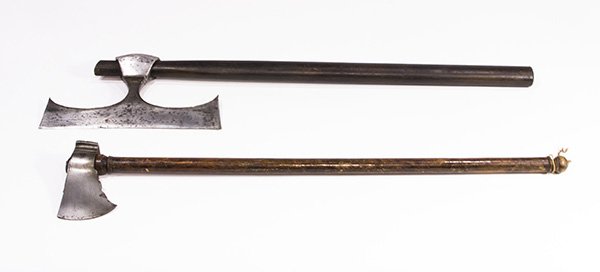 (lot of 2) Indian battle axes: (lot of 2) Indian battle axes, 18th /19th century, executed in steel and wood, comprising a war hammer having a shaped head mounted on a turned haft, and a bullova axe, from the Khond people of centra