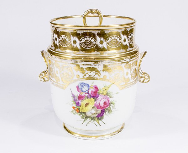 Derby porcelain covered fruit cooler, 18th century, the: Derby porcelain covered fruit cooler, 18th century, the high walled cover with a twist loop handle and scattered floral sprays, the exterior having wide a band of gilt in a repeating medallion design,