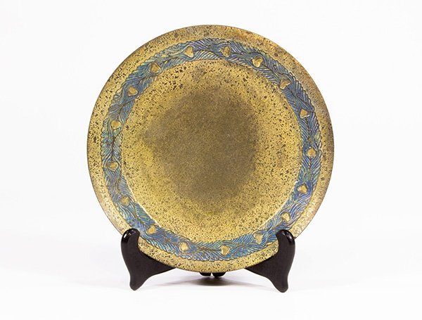 Tiffany Studios: Tiffany Studios, New York, patinated bronze tray, decorated with a peacock feather border, underside stamped "Tiffany Studios New York, 1741", 6.5"dia.