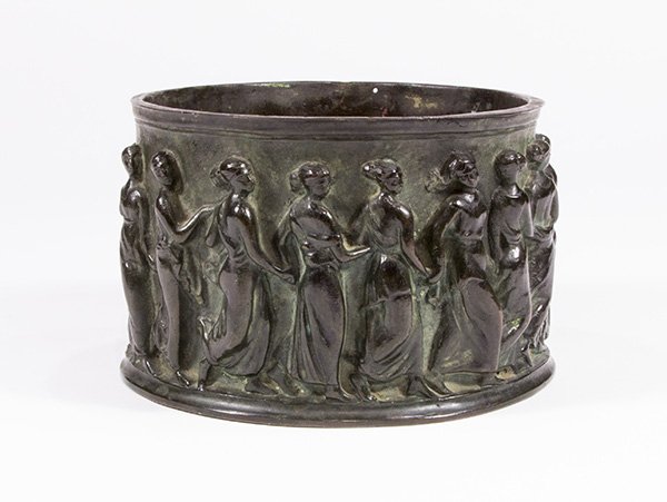 Tiffany Studios: Tiffany Studios, New York, patinated bronze "From the Antique" jardiniere, depicting Classical style women holding hands, stamped and numbered on the base, "Tiffany Studios, From the Antique, S113, 16