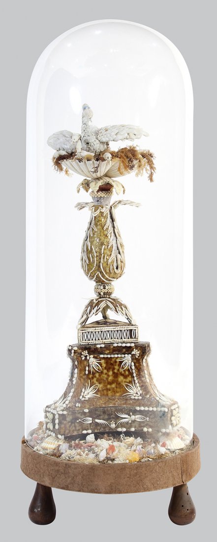 Victorian shell work and tortoiseshell sculpture,: Victorian shell work and tortoiseshell sculpture, second half 19th century, depicting a swan and cygnets resting in a scallop shell nest surmounting a pineapple form standard, resting on a tripartite 