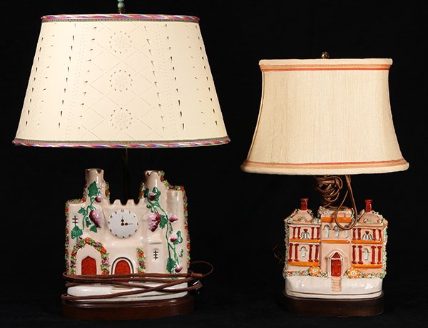 (lot of 2) Staffordshire figural groups mounted as: (lot of 2) Staffordshire figural groups mounted as table lamps, 19th century. comprising a clock tower and a cottage, both with flatbacks and rising on oval bases, largest, 17"h x 8"w x 3"d Provenance
