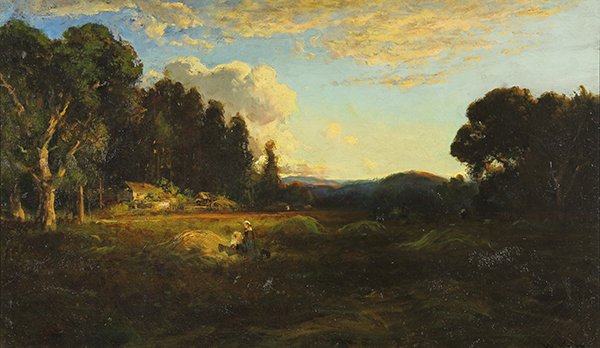 Painting, William Keith: William Keith (American, 1838-1911), Two Women Resting in a Field, oil on canvas, signed lower right, canvas: 29"h x 48.5"w, overall (framed): 36"h x 56"w