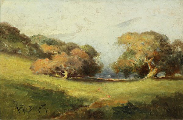Painting by Arthur Beckwith: Arthur Beckwith (American, 1860-1930), Sunny Meadows, oil on canvas, signed lower left, canvas: 12"h x 18"w, overall (framed): 19"h x 25"w. Note: COA accompanies this lot