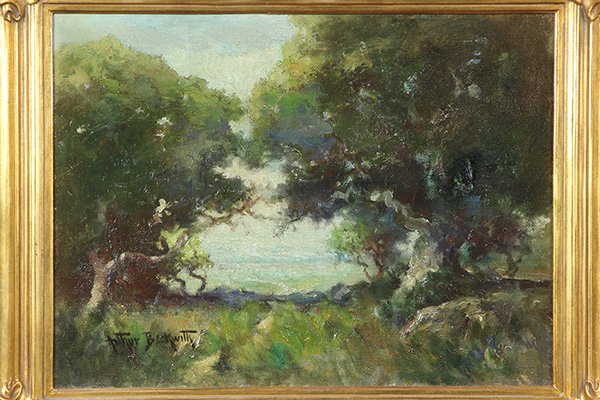 Painting by Arthur Beckwith: Arthur Beckwith (American, 1860-1930), Opening Through the Trees, oil on canvas, signed lower left, canvas: 12"h x 16"w, overall (framed): 16.5"h x 20.5"w. Note: COA accompanies this lot