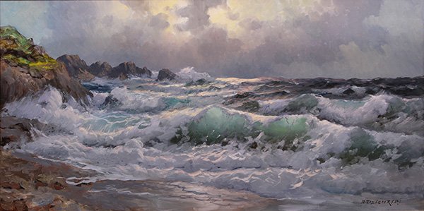 Painting by Alexander A. Dzigurski: Alexander A. Dzigurski (American, 1911 - 1995), Coastline Storm Clearing, oil on canvas, signed lower right, canvas: 24"h x 48"w, overall (with frame): 31"h x 55"w