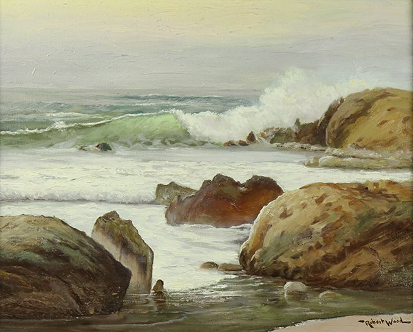 Paintings by Robert William Wood: (lot of 2) Robert William Wood (American, 1889-1979), "Pacific Surf" and "Laguna Beach," oils on canvas, each signed and titled, canvas: 14"h x 18"w/16"h x 20"w, overalls (with frames): 21.5"h x 25.75