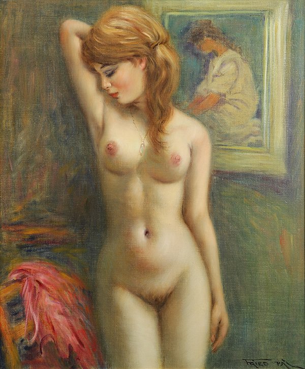 Painting by Fried Pal: Fried Pal (American/Hungarian 1893-1976), Female Nude, oil on canvas, signed lower right, canvas: 24"h x 19.5"w, overall (with frame): 31.25"h x 27"w