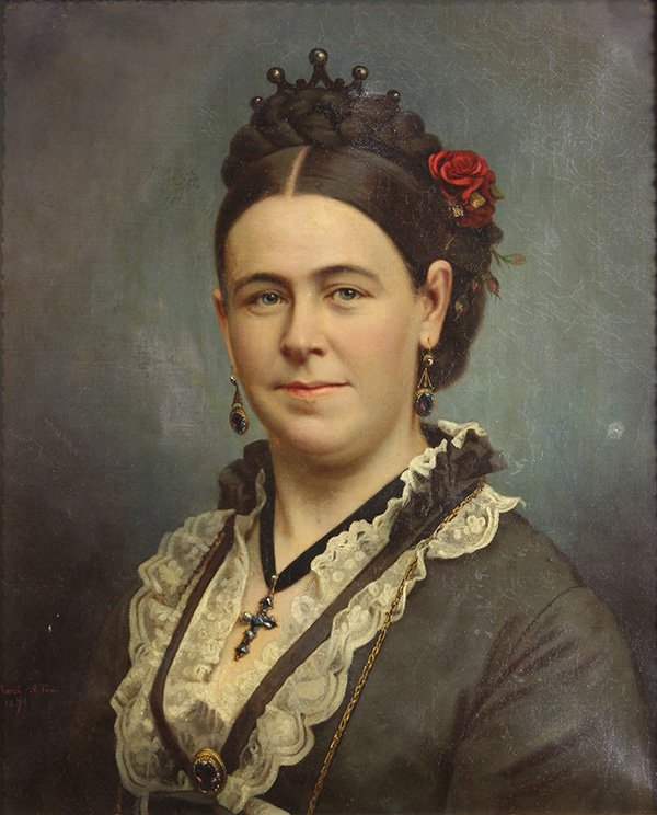 Painting of Jane Stanford: American School (19th Century), Jane Stanford, 1876, oil on canvas, unsigned, dated in San Francisco lower left, canvas: 22.5"h x 19.5"w, overall (with frame): 29.25"h x 25.25"w